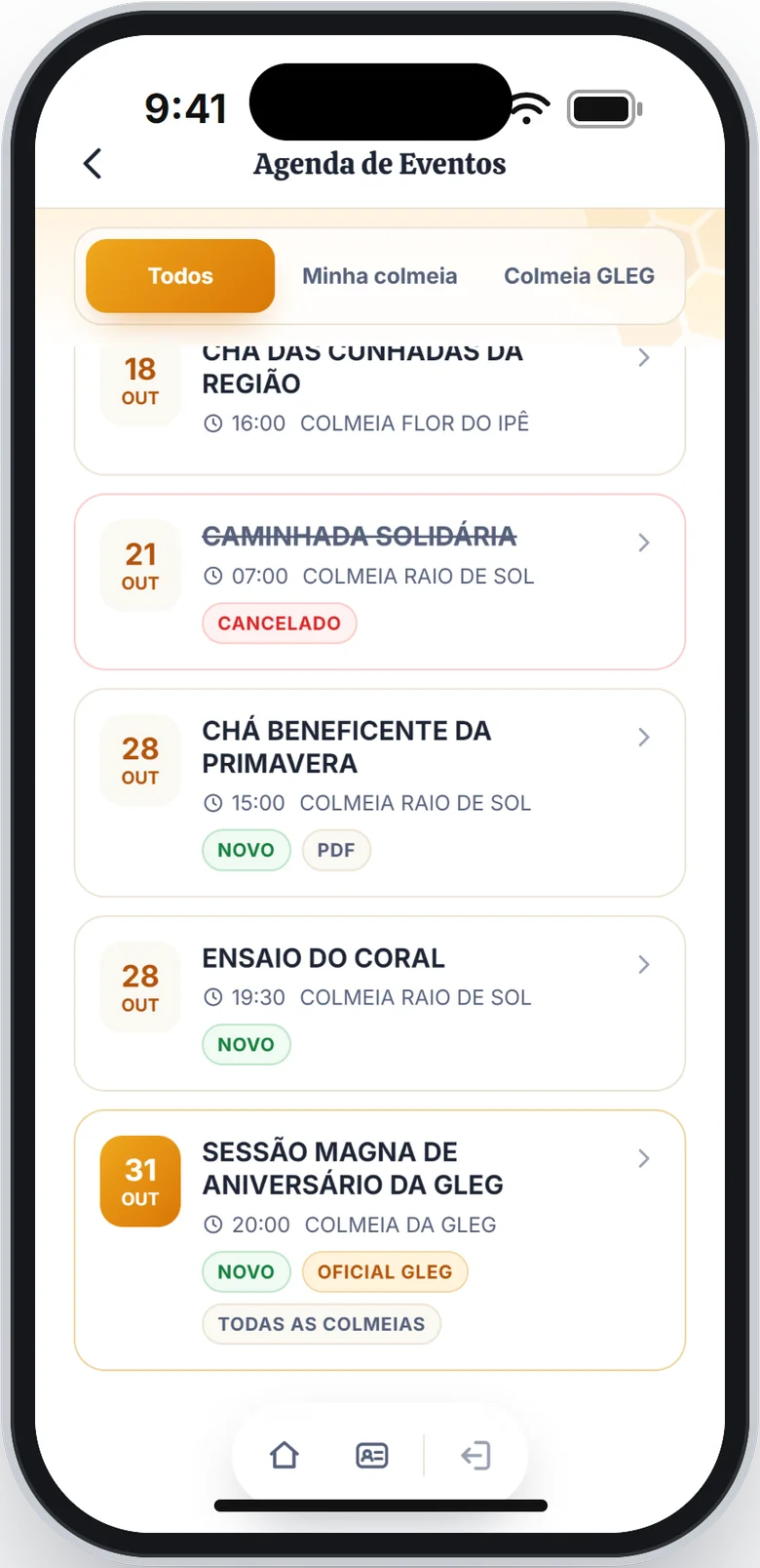 Lista de eventos do mês com os selos Cancelado, Novo, PDF, Oficial GLEG e Todas as colmeias