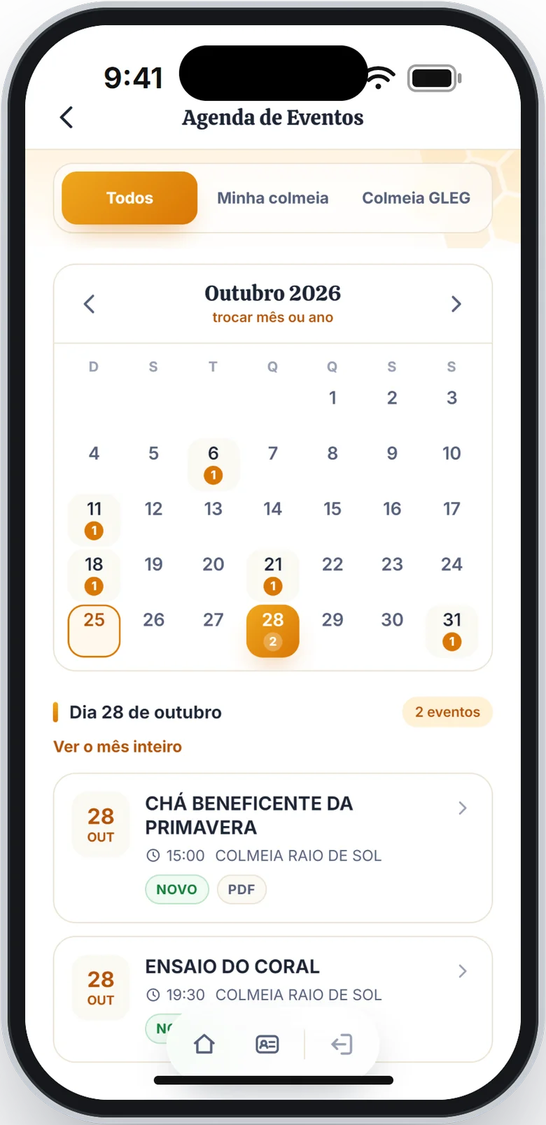 Calendário com o dia 28 marcado e a lista Dia 28 de outubro com dois eventos