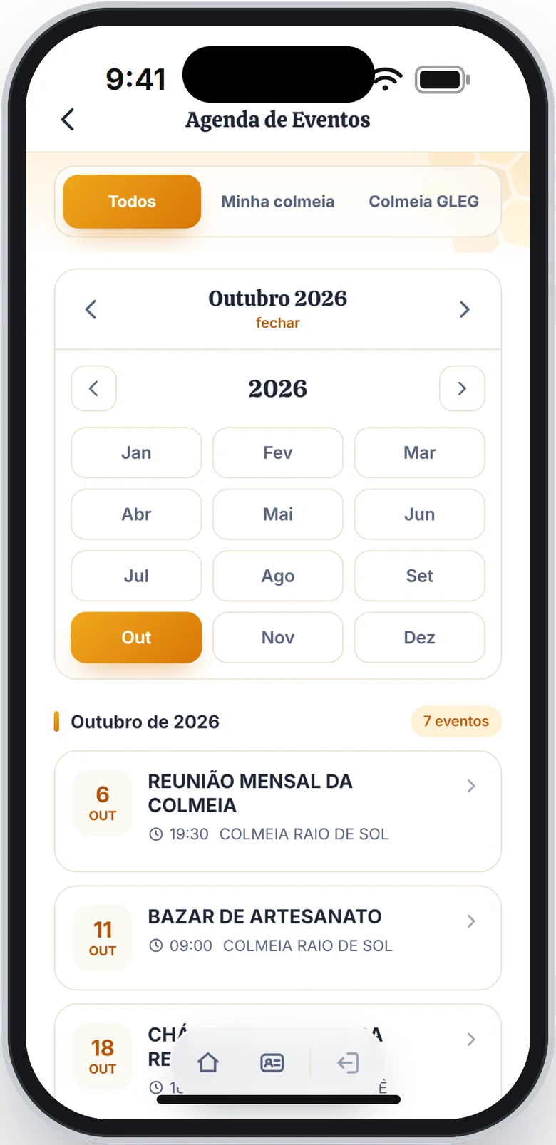 Calendário com a escolha de mês e ano aberta, mostrando os meses de 2026