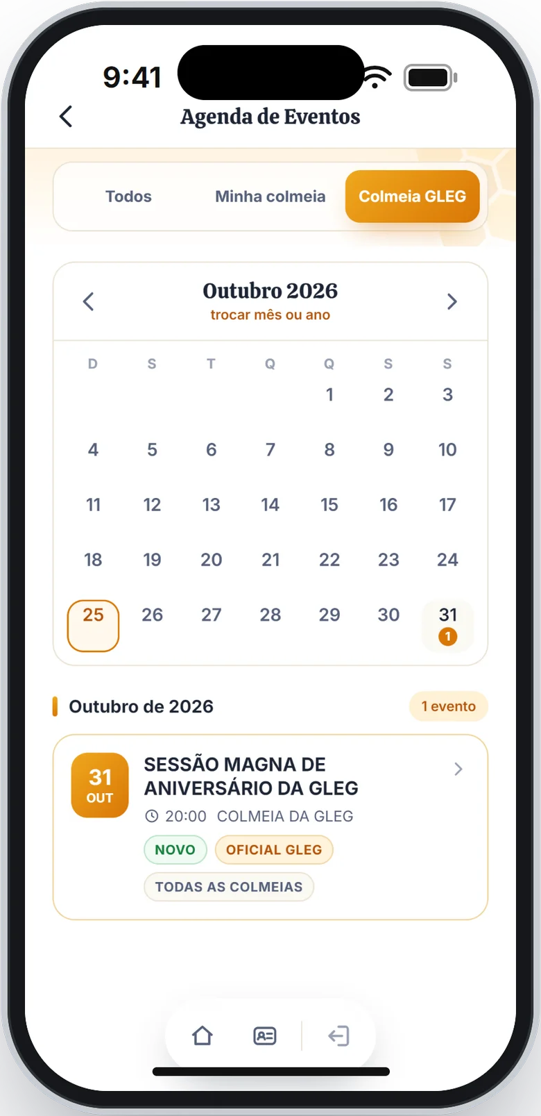 Agenda com o filtro Colmeia GLEG escolhido e um evento oficial da GLEG na lista