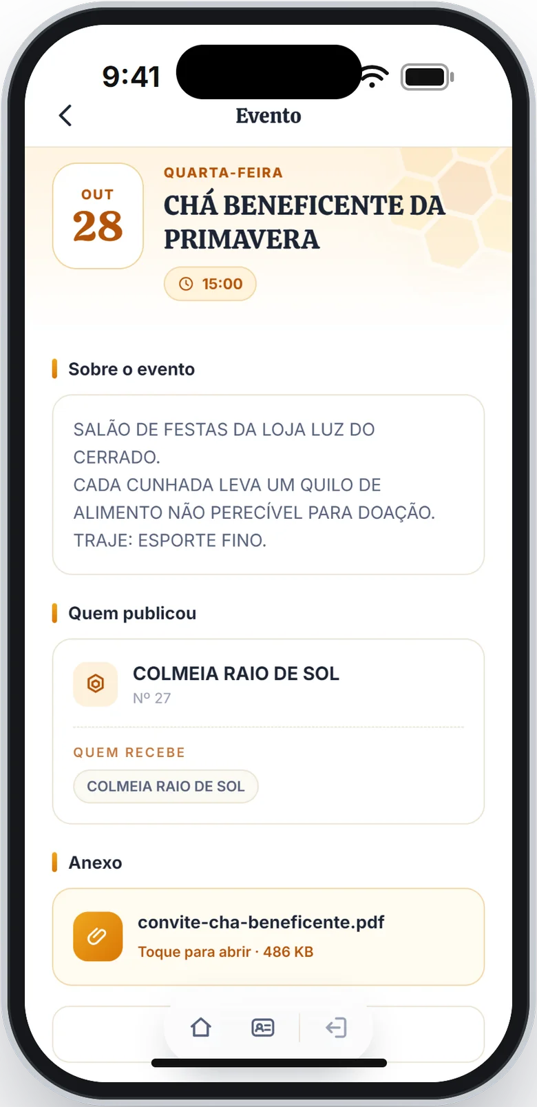 Tela do evento Chá beneficente da primavera com a data, a hora, a descrição e quem publicou