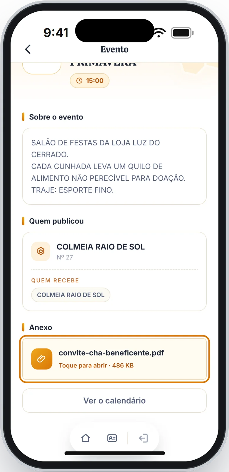 Parte de baixo da tela do evento com o anexo em PDF em destaque e o botão Ver o calendário