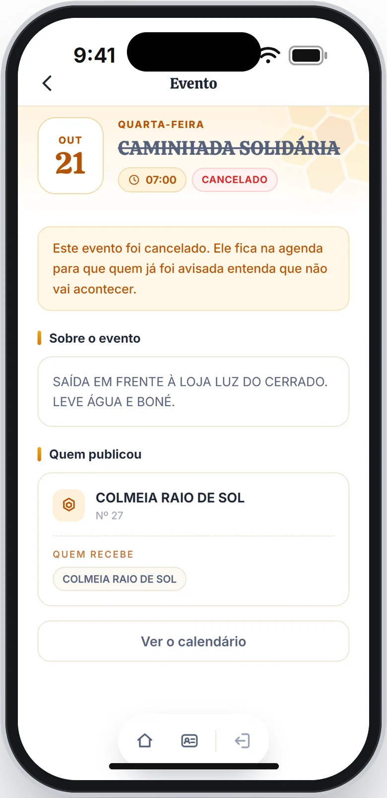 Tela de um evento cancelado, com o nome riscado, o selo Cancelado e o aviso em destaque