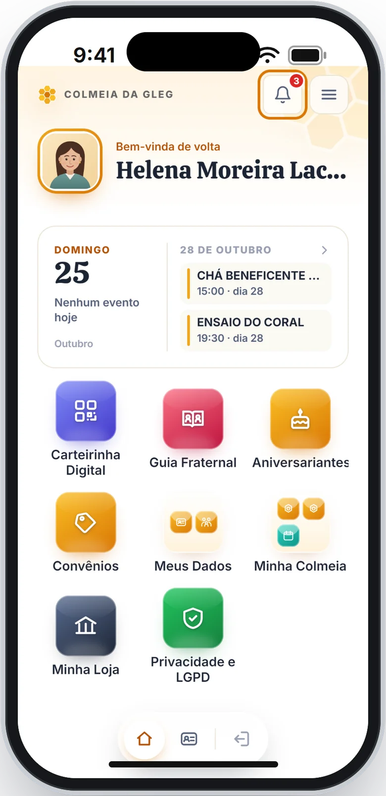 Tela de início com o sino em destaque, marcando 3 avisos