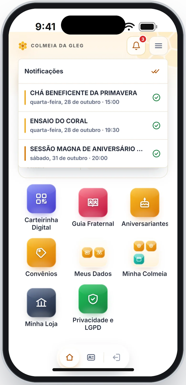 Lista Notificações com três eventos e a data e a hora de cada um