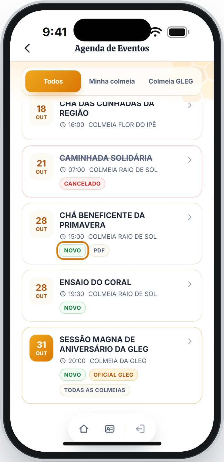 Lista da agenda com o selo Novo em destaque no evento Chá beneficente da primavera