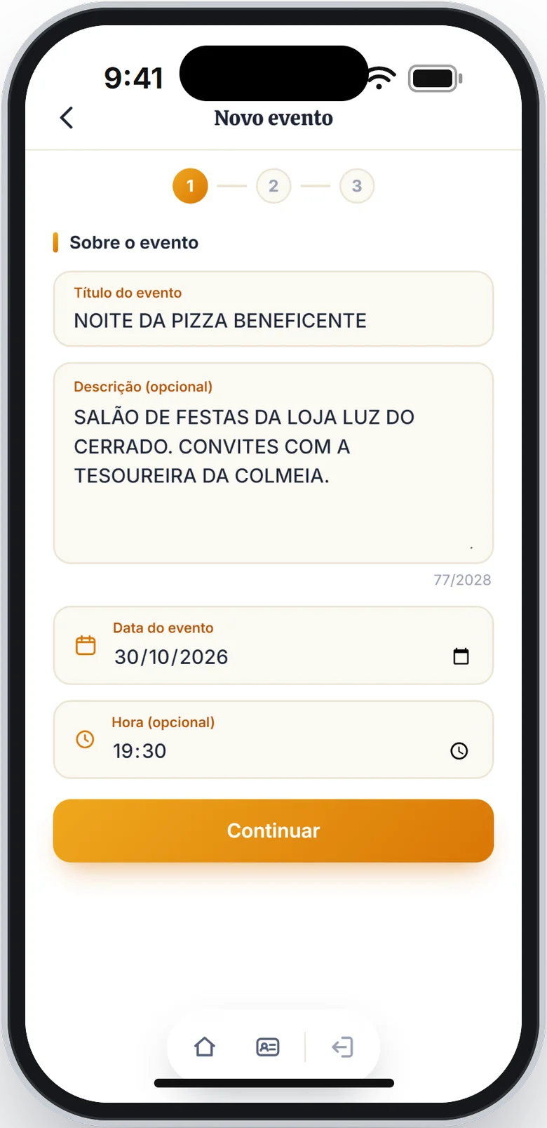 Etapa 1 do formulário Novo evento com o título, a descrição, a data e a hora preenchidos