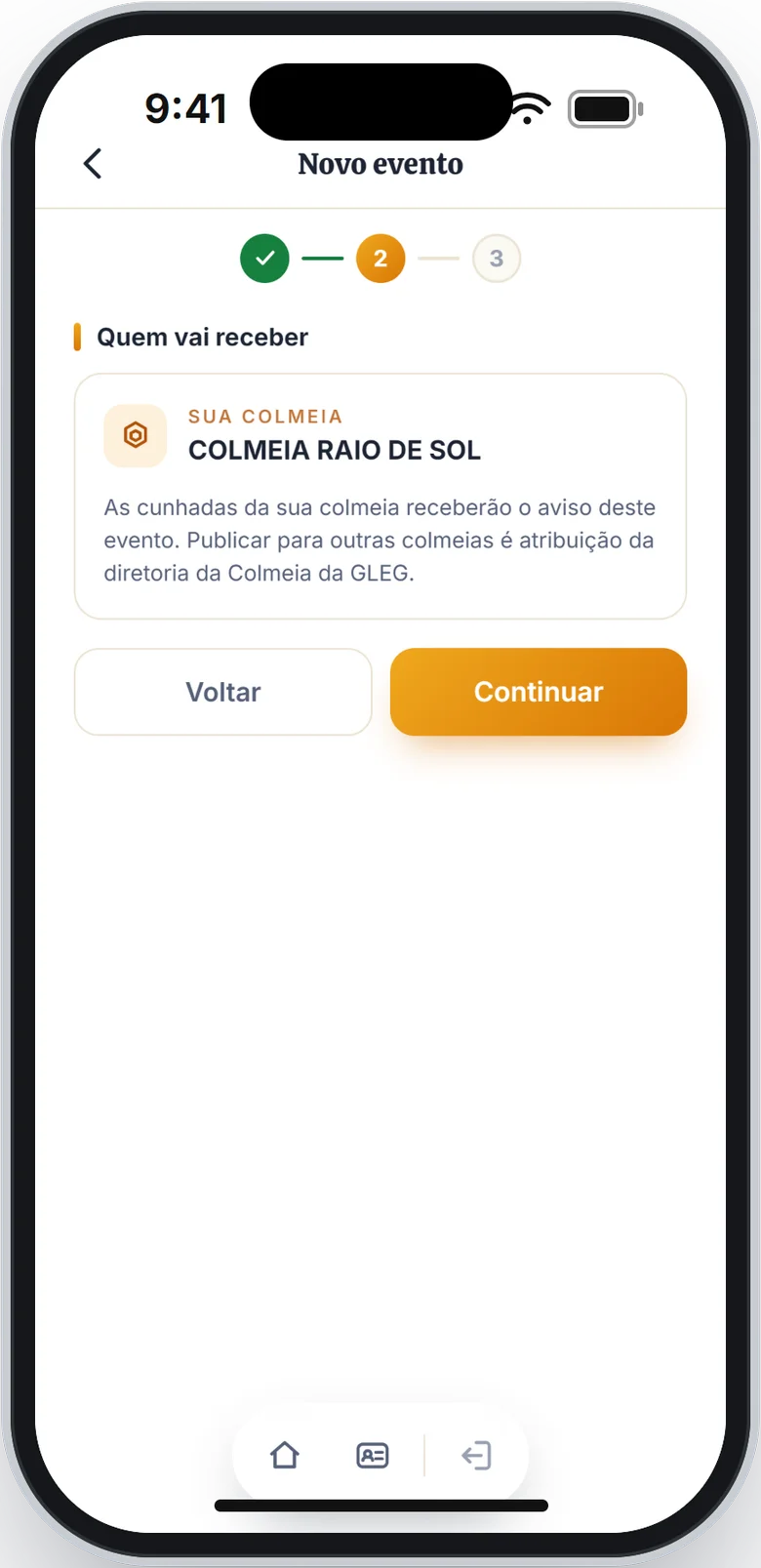 Etapa 2 com a sua Colmeia, que vai receber o aviso do evento