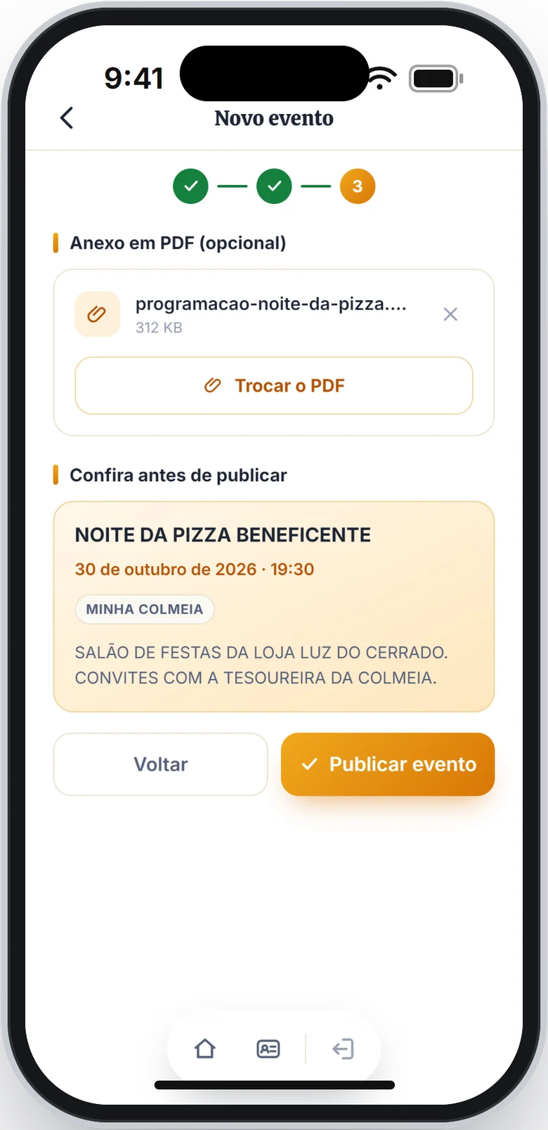 Etapa 3 com o PDF escolhido, o resumo do evento e o botão Publicar evento