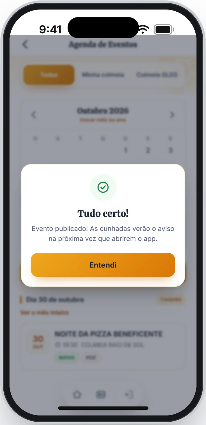 Mensagem Tudo certo! dizendo que o evento foi publicado