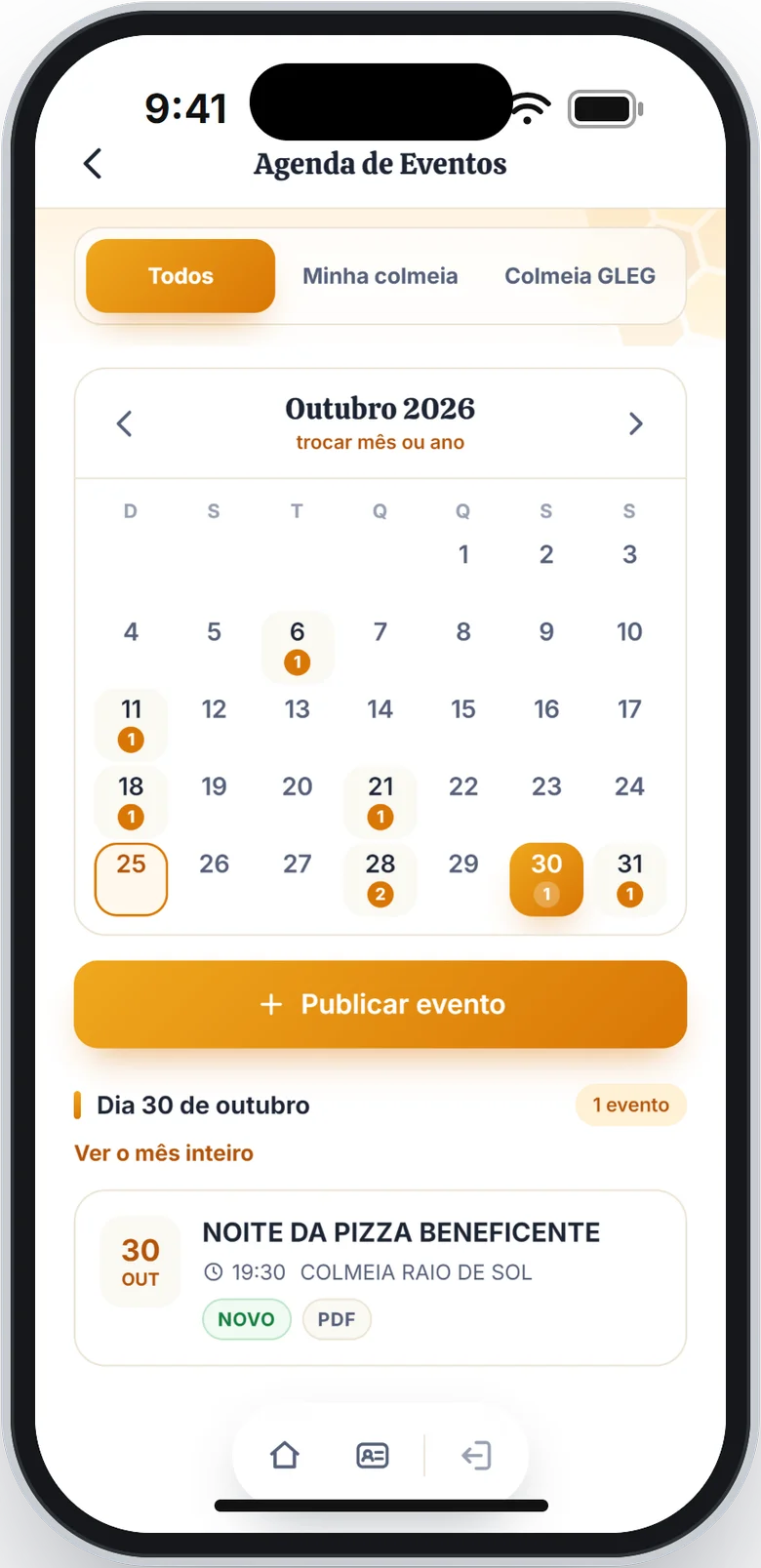 Agenda no dia 30 com o evento Noite da pizza beneficente na lista