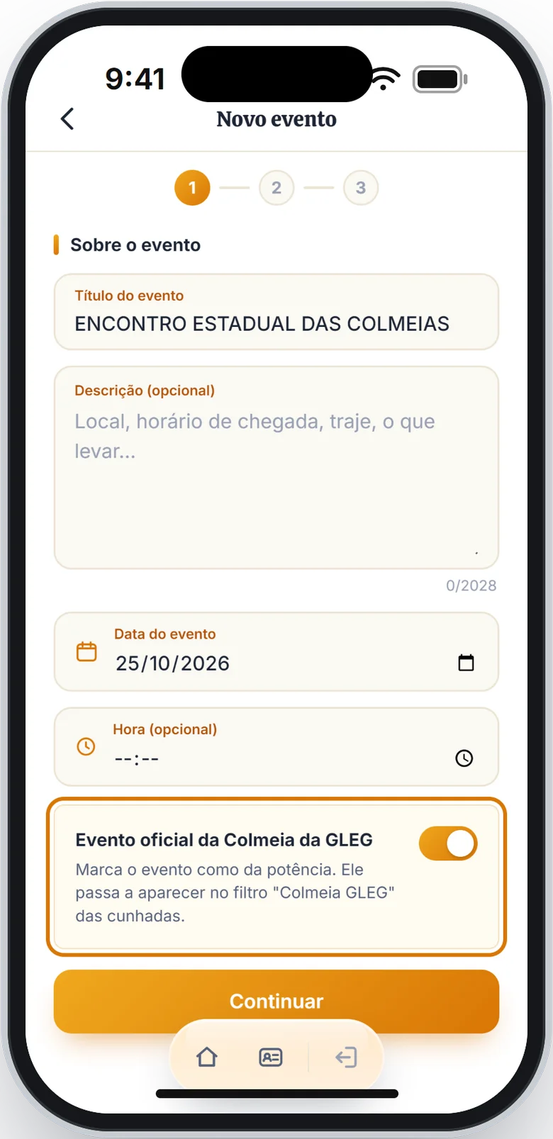 Etapa 1 com a opção Evento oficial da Colmeia da GLEG ligada e em destaque