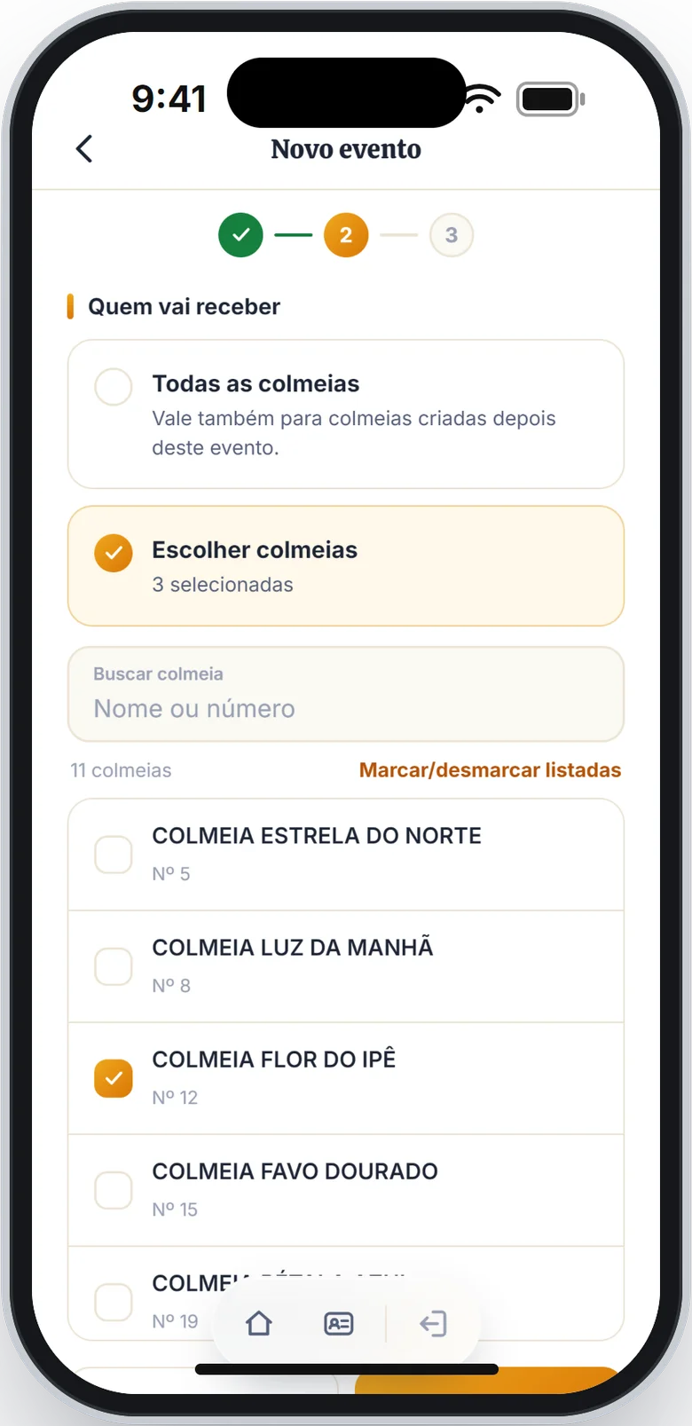 Etapa 2 com Escolher colmeias marcado, a busca e a lista de Colmeias com uma marcada
