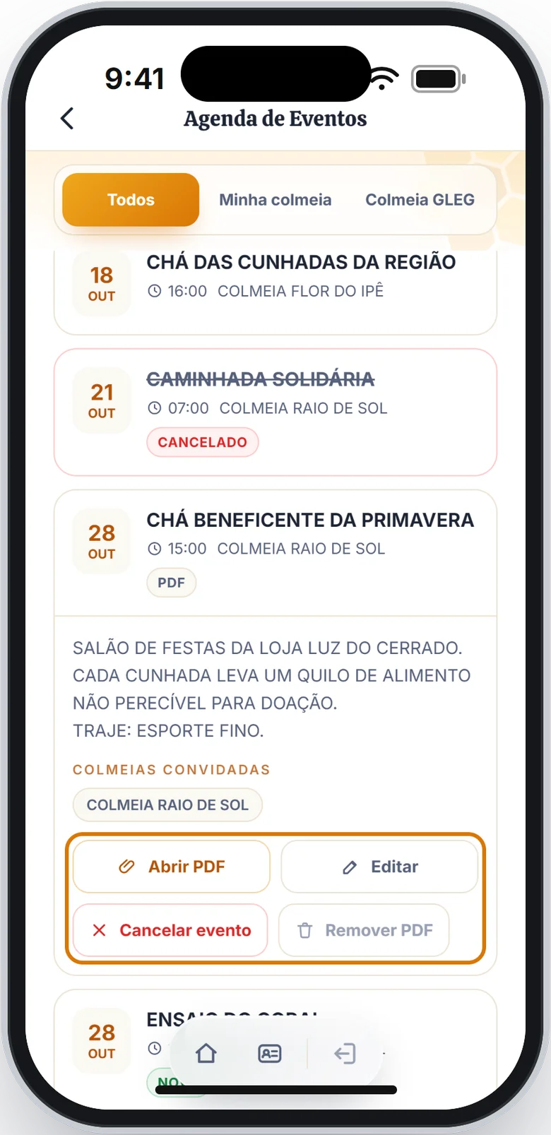 Evento aberto na lista da agenda com os botões Abrir PDF, Editar, Cancelar evento e Remover PDF em destaque