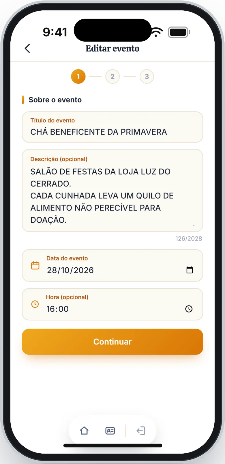 Tela Editar evento com o título, a descrição, a data e a hora do evento