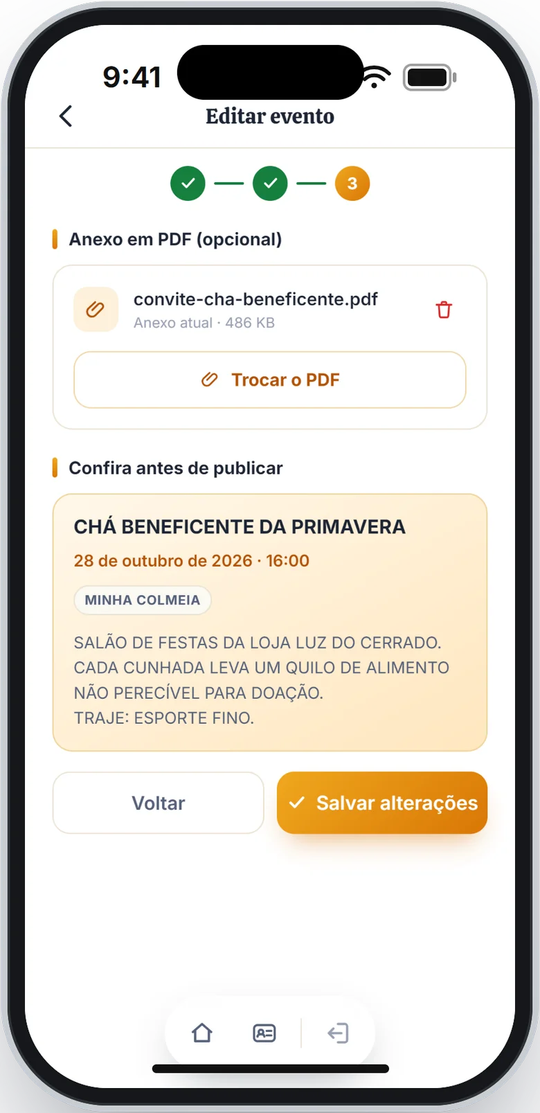 Última etapa da edição com o anexo atual, o resumo do evento e o botão Salvar alterações
