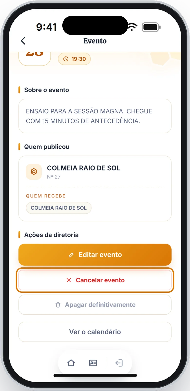 Tela do evento com as Ações da diretoria e o botão Cancelar evento em destaque
