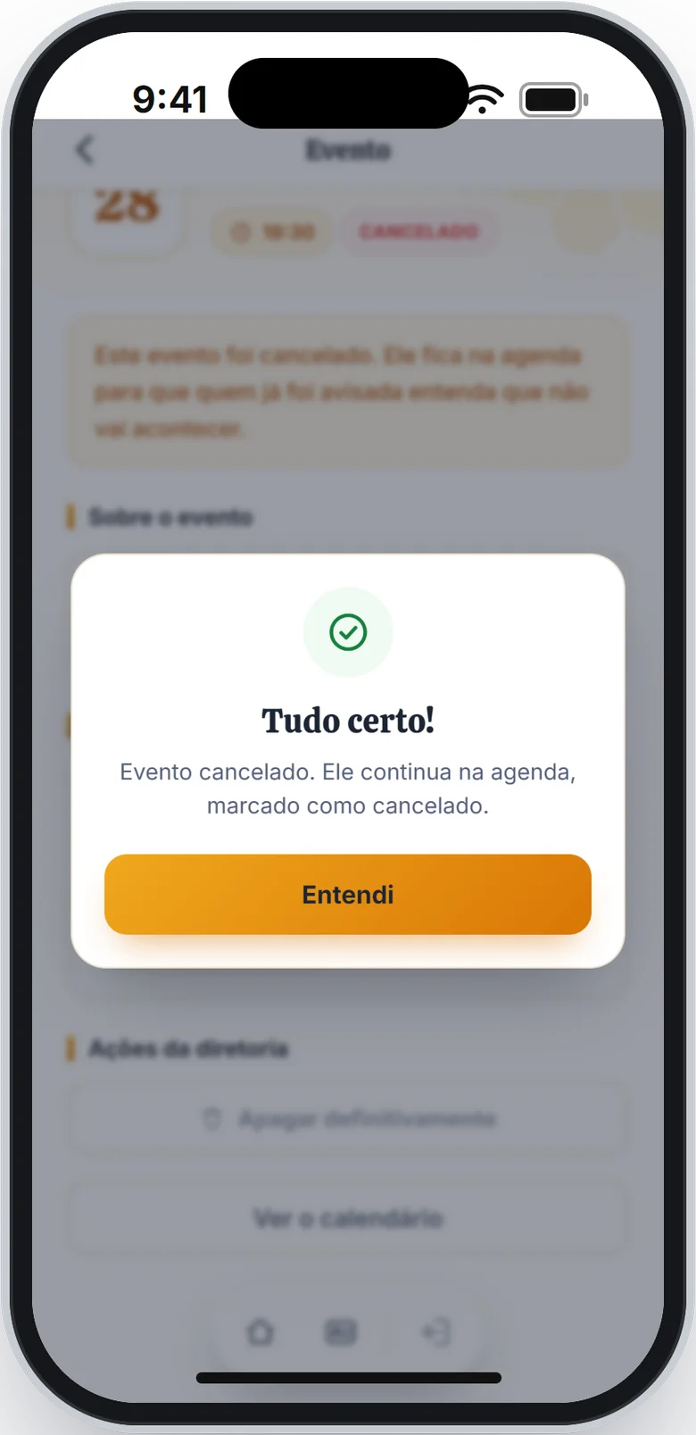 Mensagem Tudo certo! dizendo que o evento foi cancelado