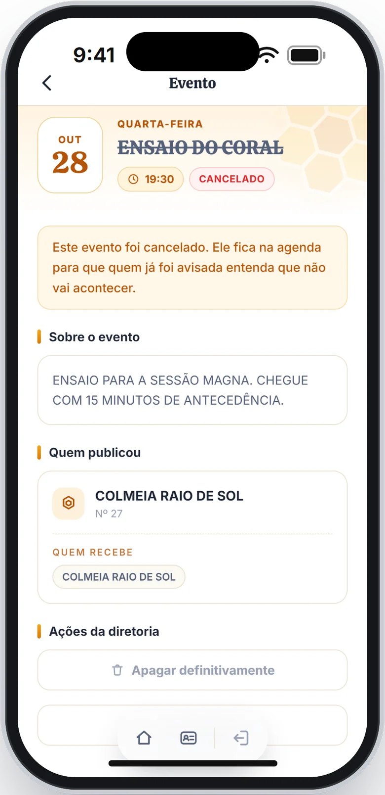 Tela do evento cancelado, só com a opção Apagar definitivamente nas Ações da diretoria