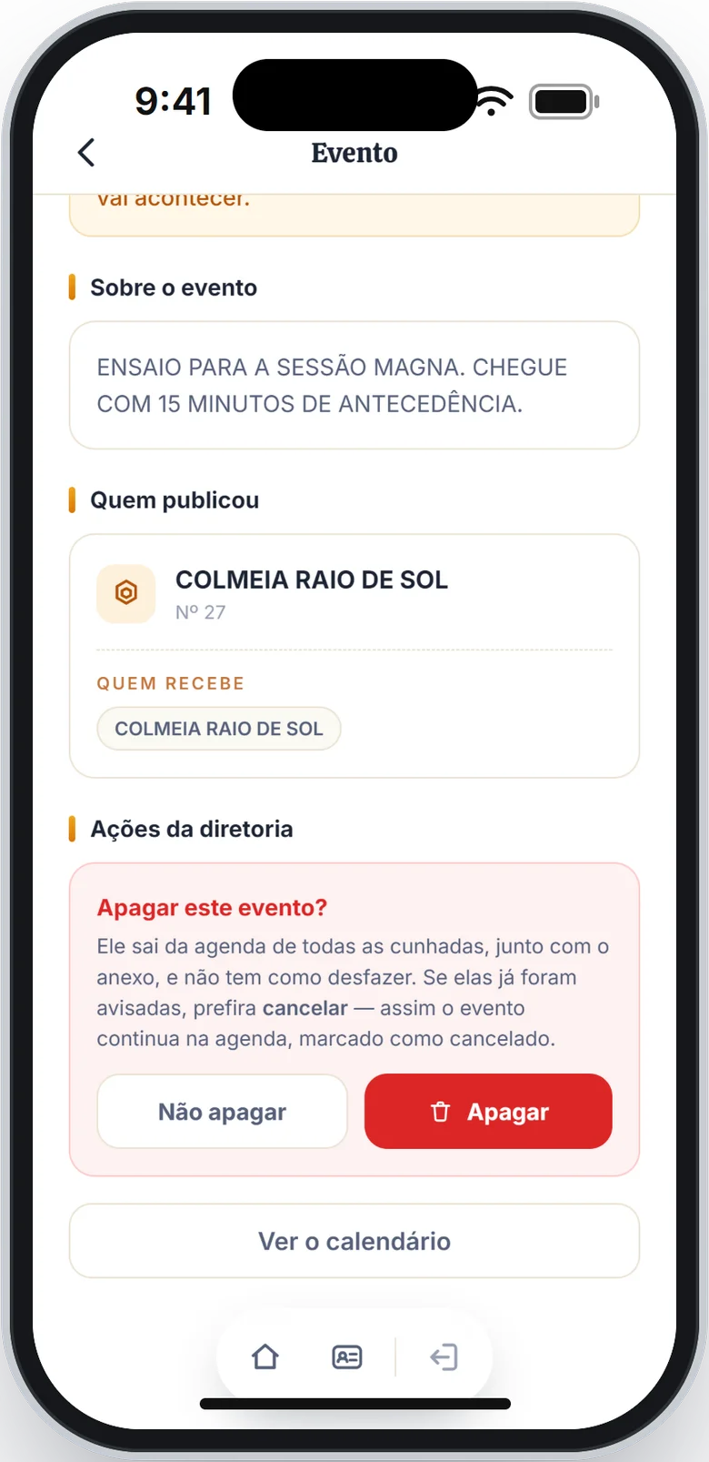 Pergunta Apagar este evento? com os botões Não apagar e Apagar