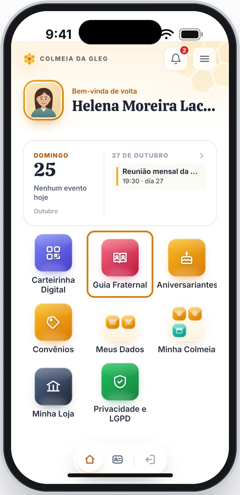 Tela de início com o atalho Guia Fraternal em destaque