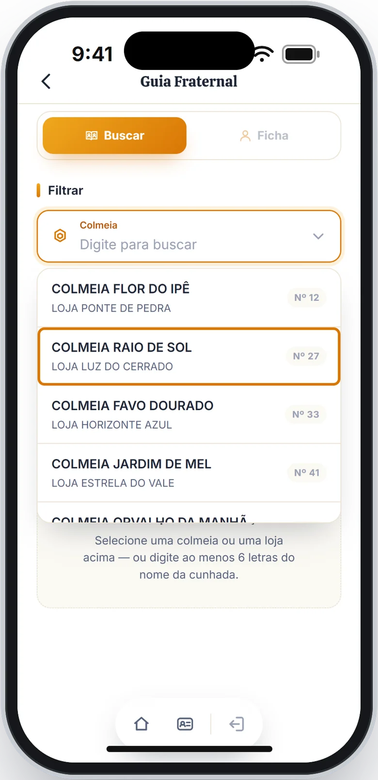 Lista de Colmeias aberta, com a COLMEIA RAIO DE SOL em destaque