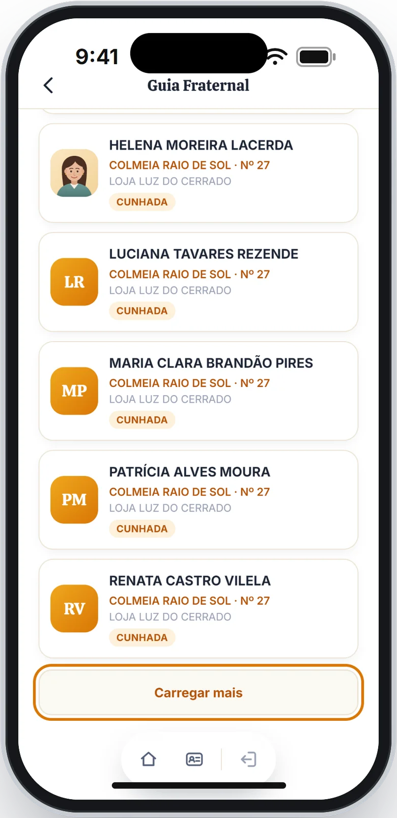Fim da lista de cunhadas com o botão Carregar mais em destaque