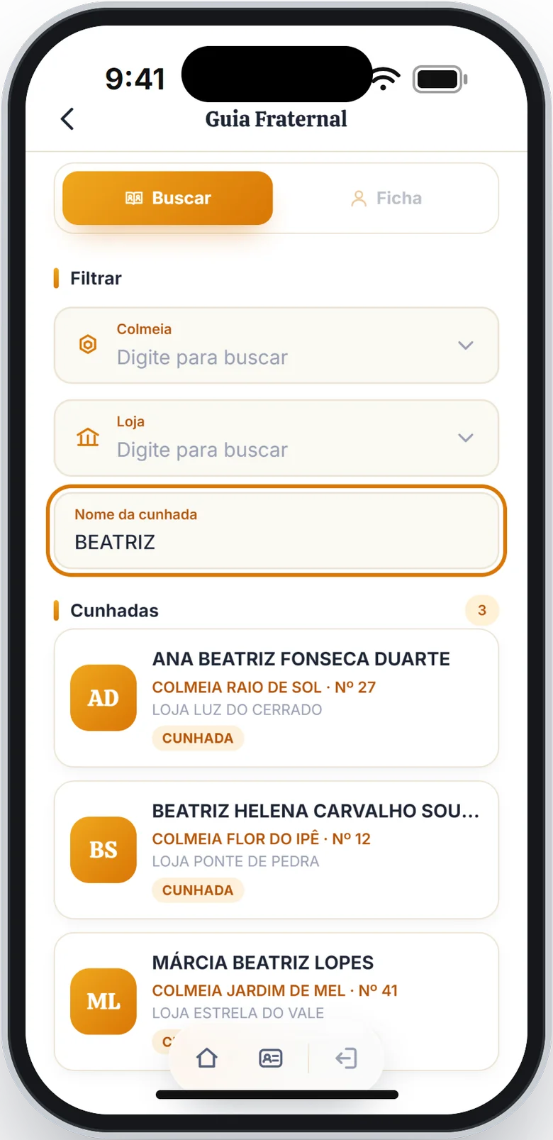 Campo Nome da cunhada com BEATRIZ em destaque e três cunhadas de Colmeias diferentes na lista