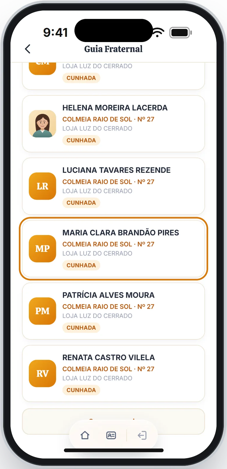 Lista do Guia Fraternal com o cartão de MARIA CLARA BRANDÃO PIRES em destaque
