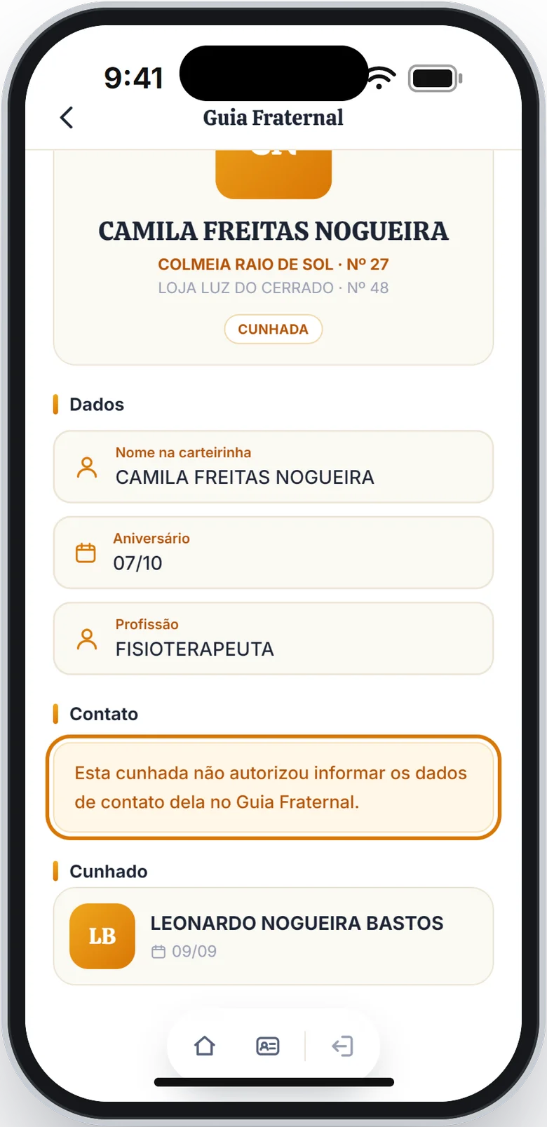 Ficha com o aviso de que a cunhada não autorizou informar os dados de contato