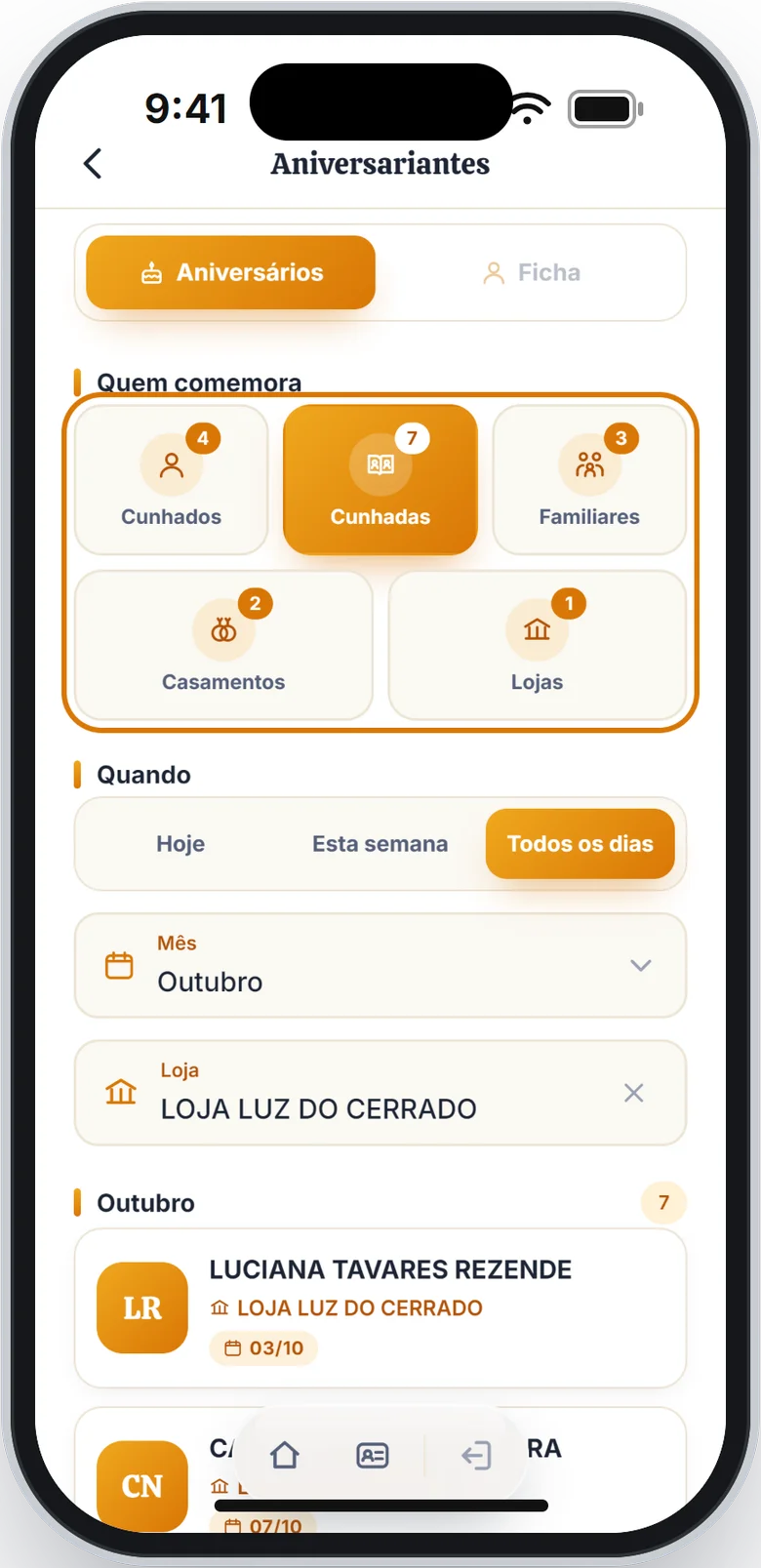 Seção Quem comemora em destaque, com os números de cada opção e Cunhadas marcada