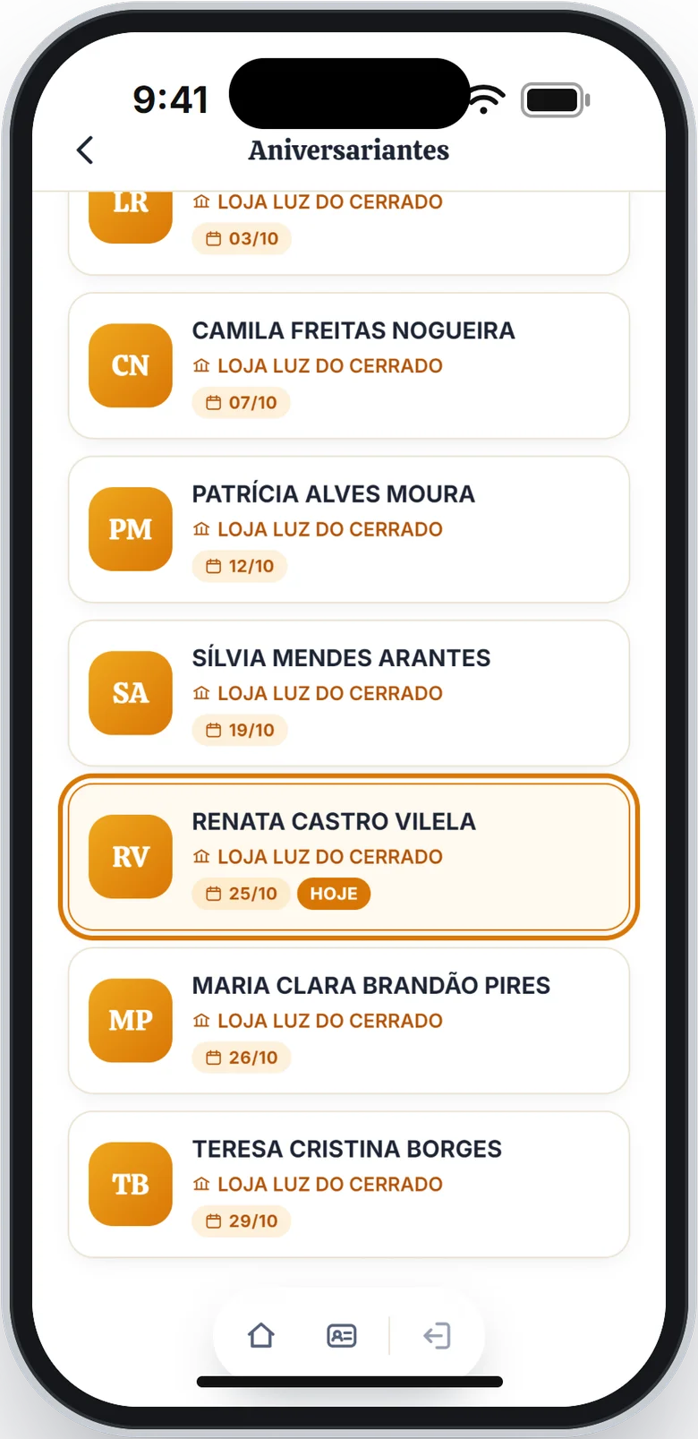 Lista do mês com o cartão de uma cunhada que faz aniversário hoje em destaque