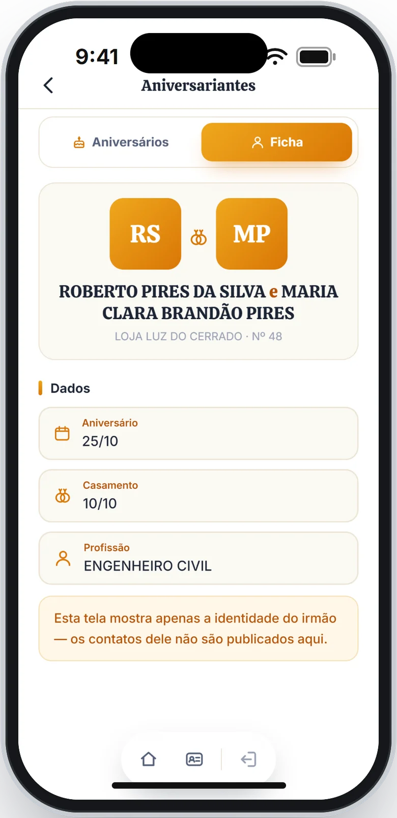 Ficha de um casal com as duas fotos, o Aniversário, o Casamento e a Profissão