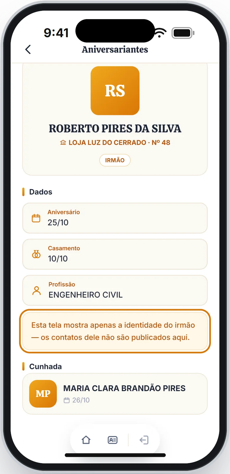 Ficha de um irmão com o aviso sobre os contatos em destaque e a seção Cunhada embaixo