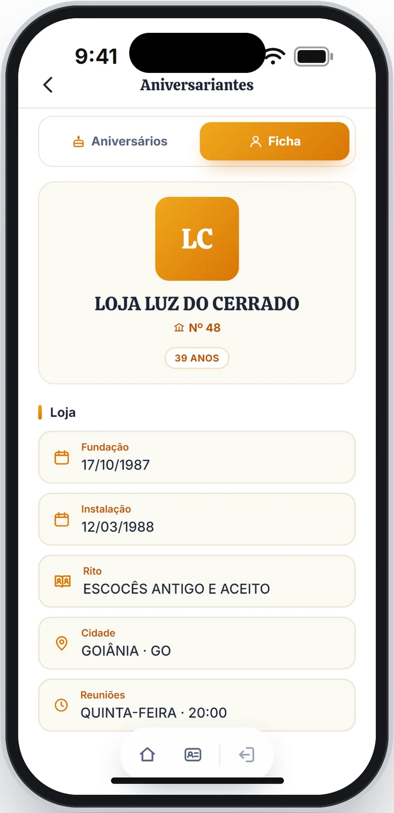 Ficha de uma Loja com 39 ANOS, Fundação, Instalação, Rito, Cidade e Reuniões