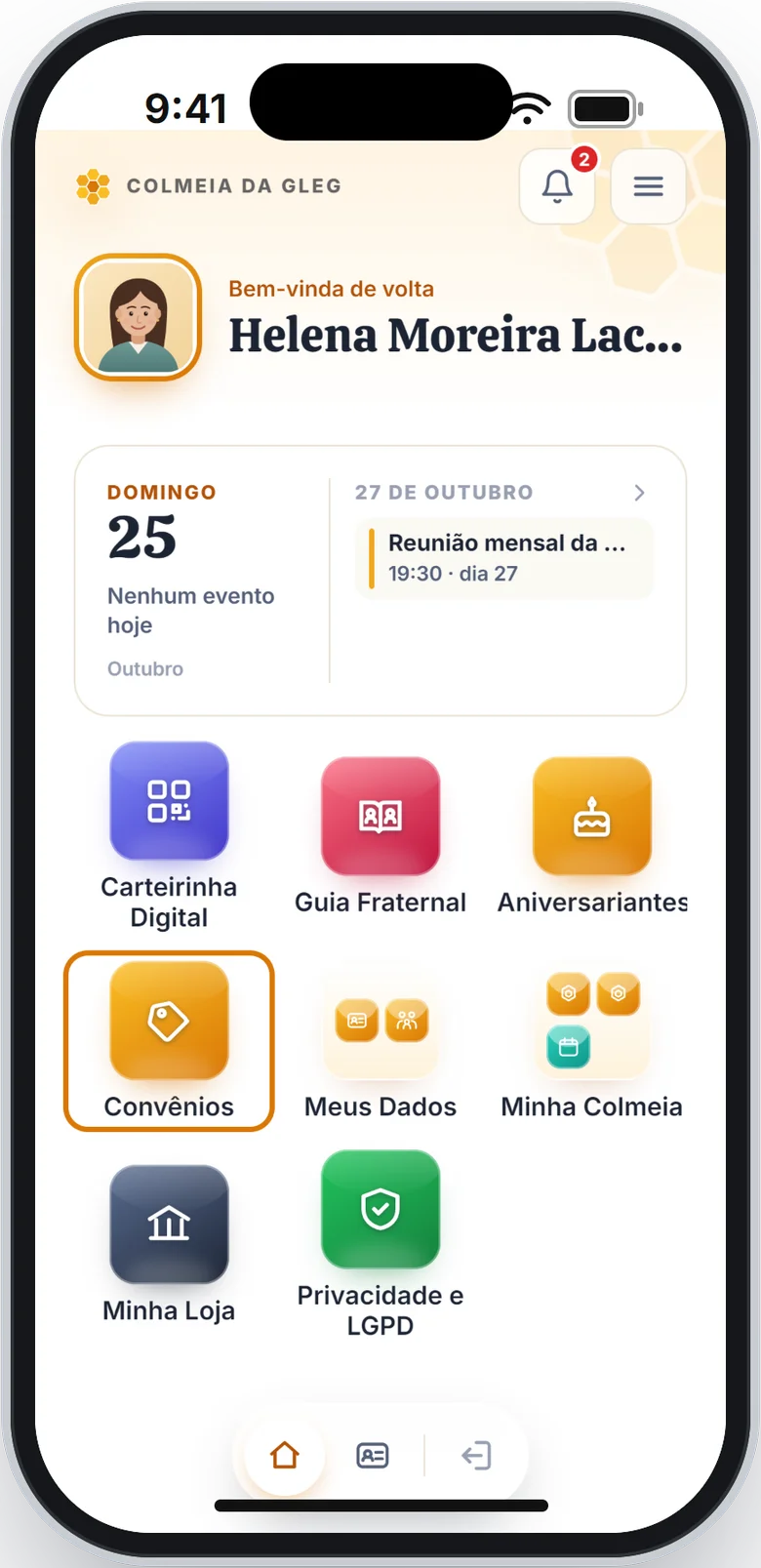 Tela de início com o atalho Convênios em destaque