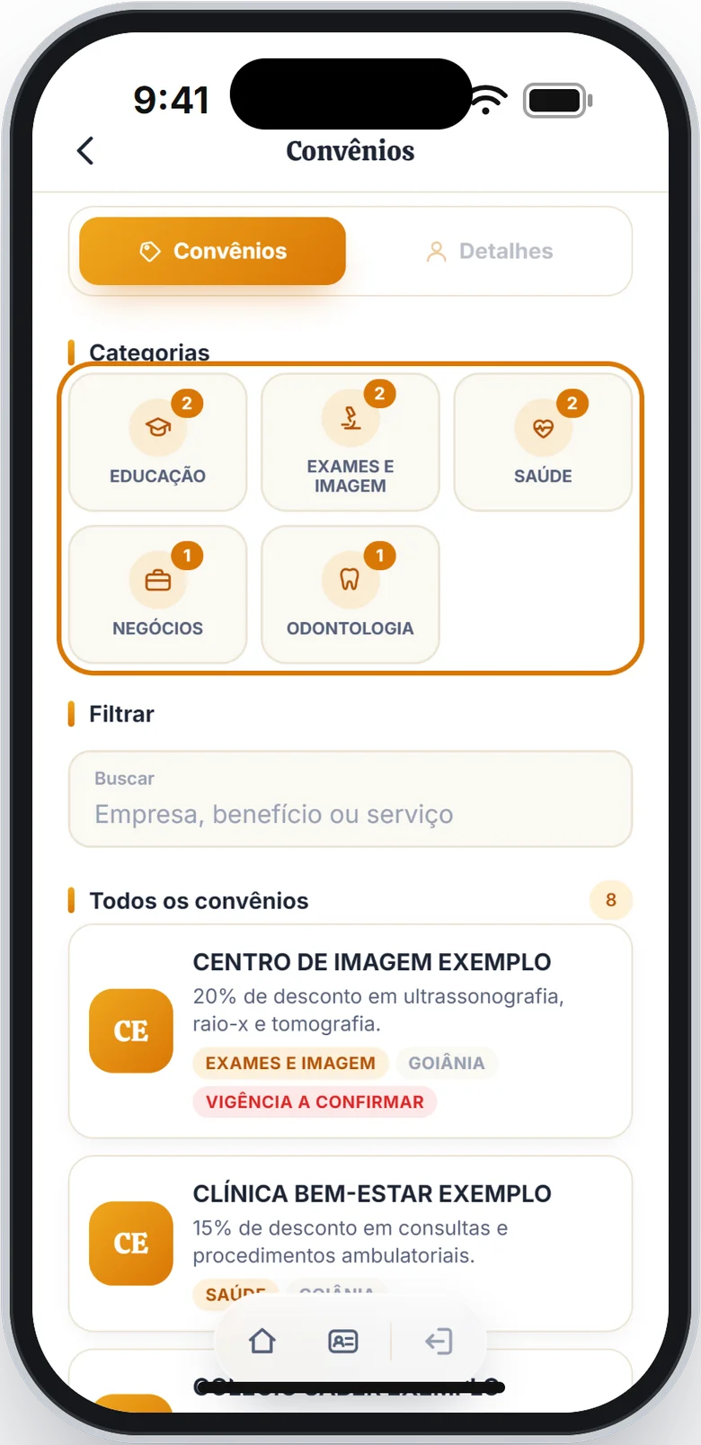 Seção Categorias em destaque, com o número de convênios de cada uma