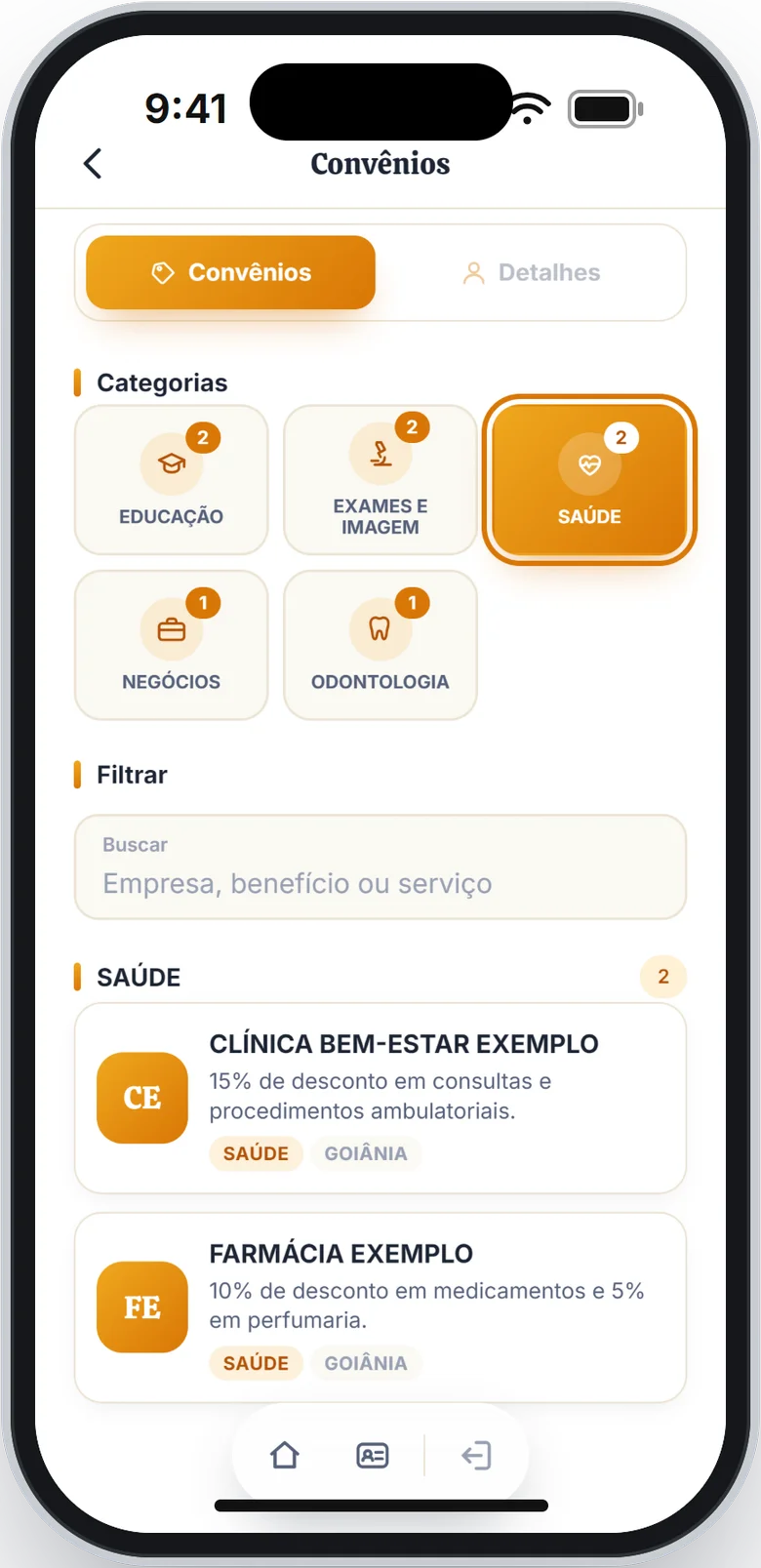 Categoria SAÚDE marcada e em destaque, com os convênios de saúde na lista