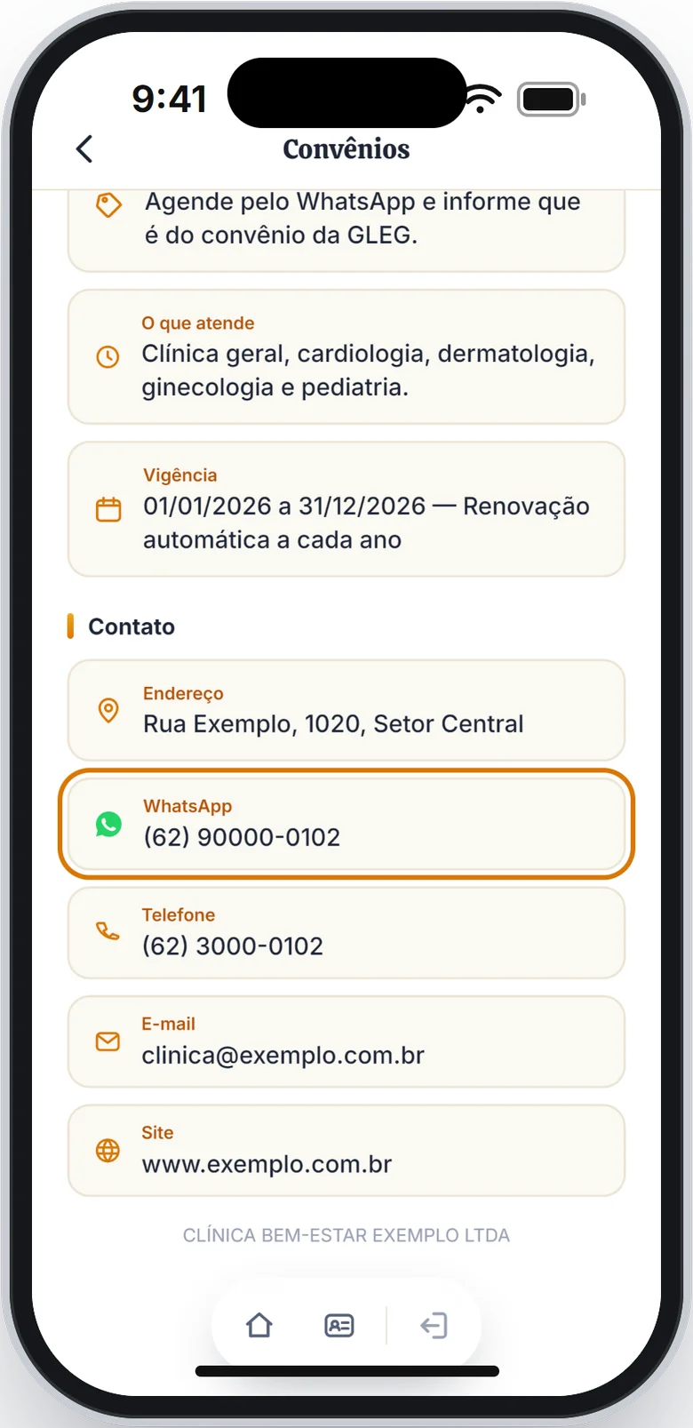 Seção Contato com o WhatsApp em destaque, seguido de Telefone, E-mail e Site