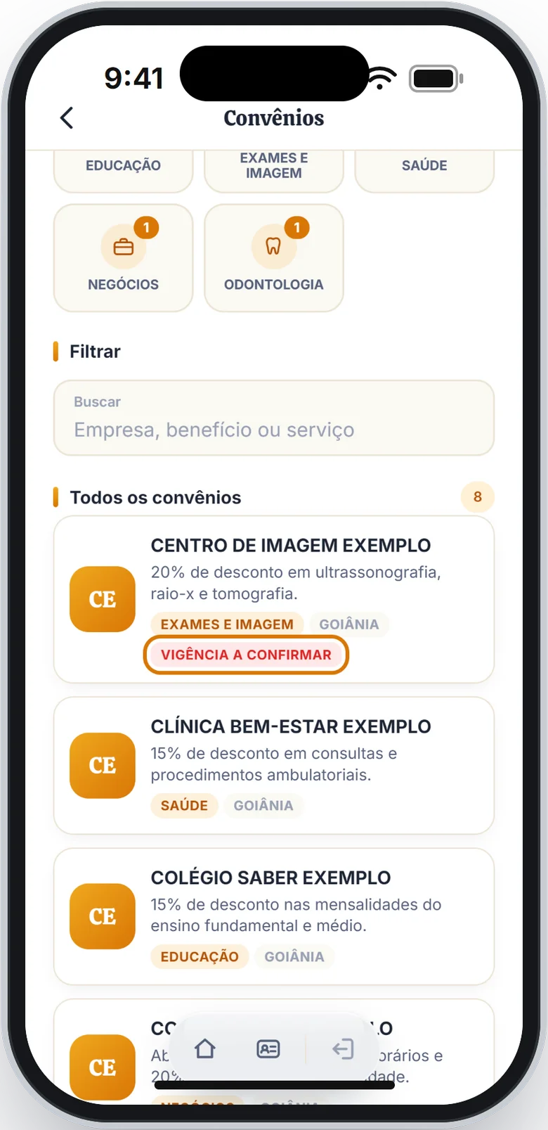 Cartão de convênio com o selo VIGÊNCIA A CONFIRMAR em destaque