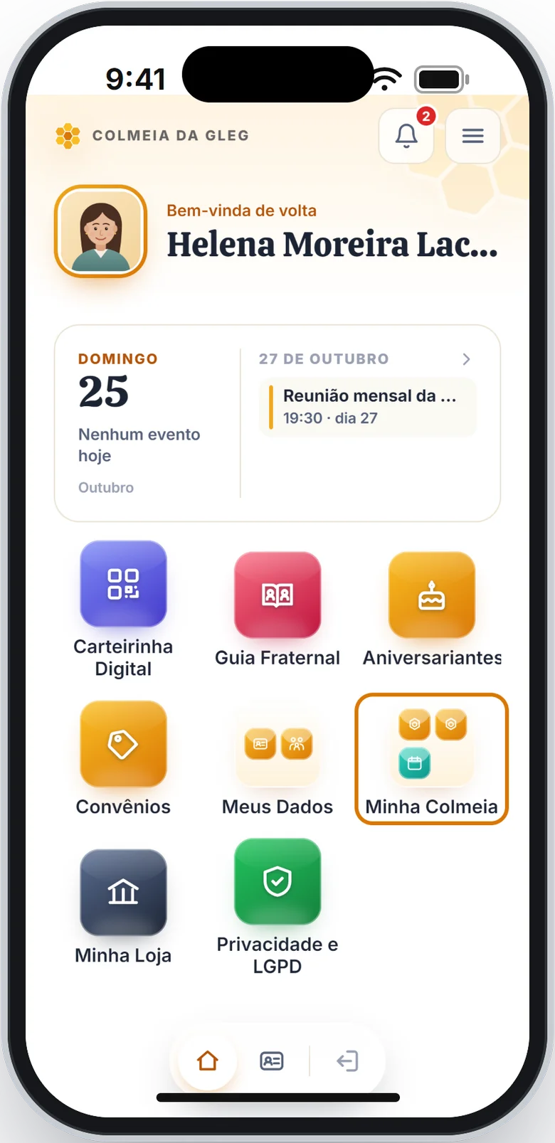 Tela de início com a pasta Minha Colmeia em destaque