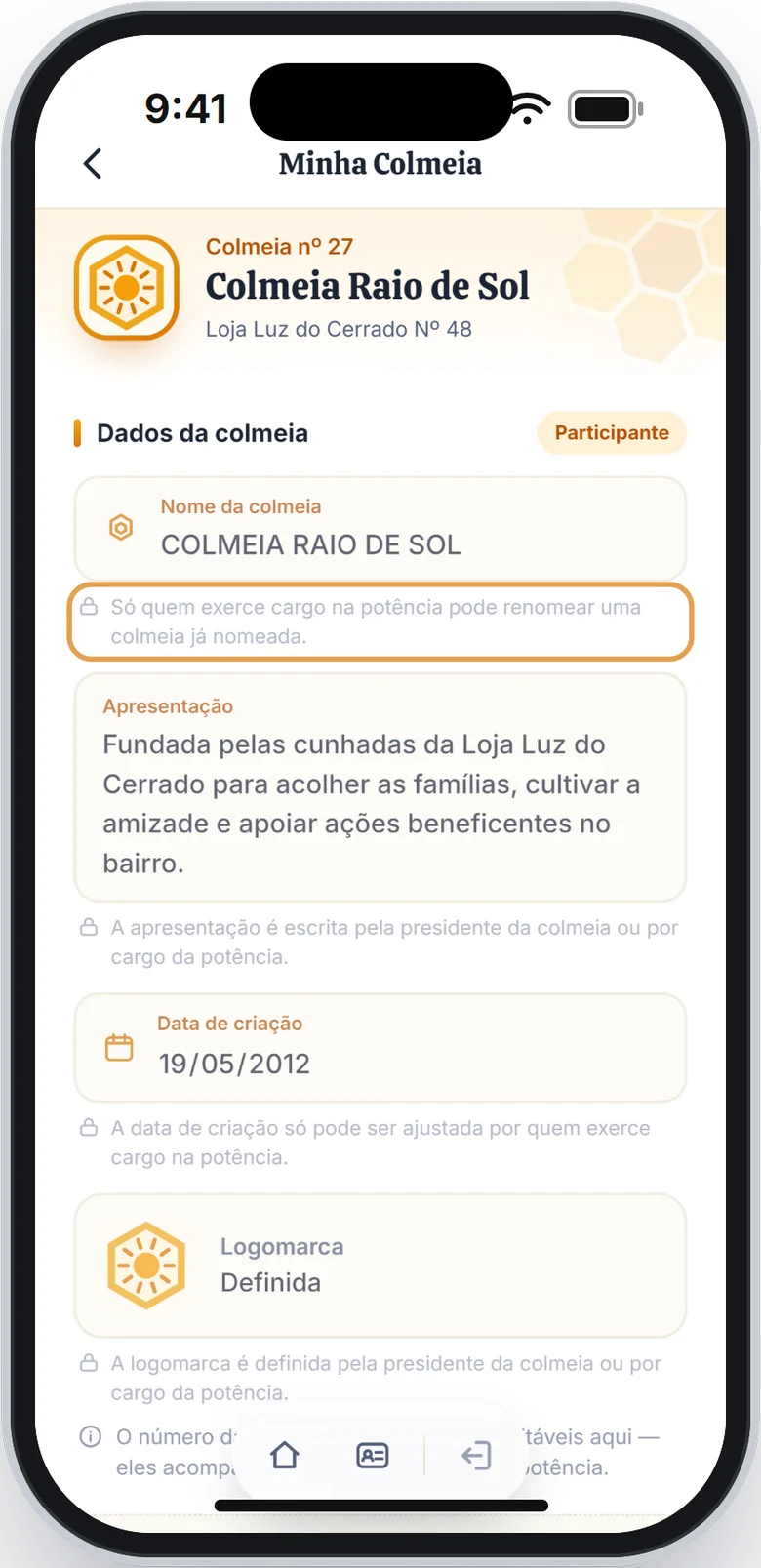 Tela Minha Colmeia com o aviso do cadeado embaixo do nome em destaque