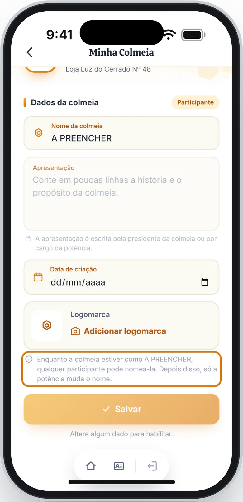 Tela Minha Colmeia com o nome A PREENCHER e o aviso sobre quem pode dar o nome em destaque