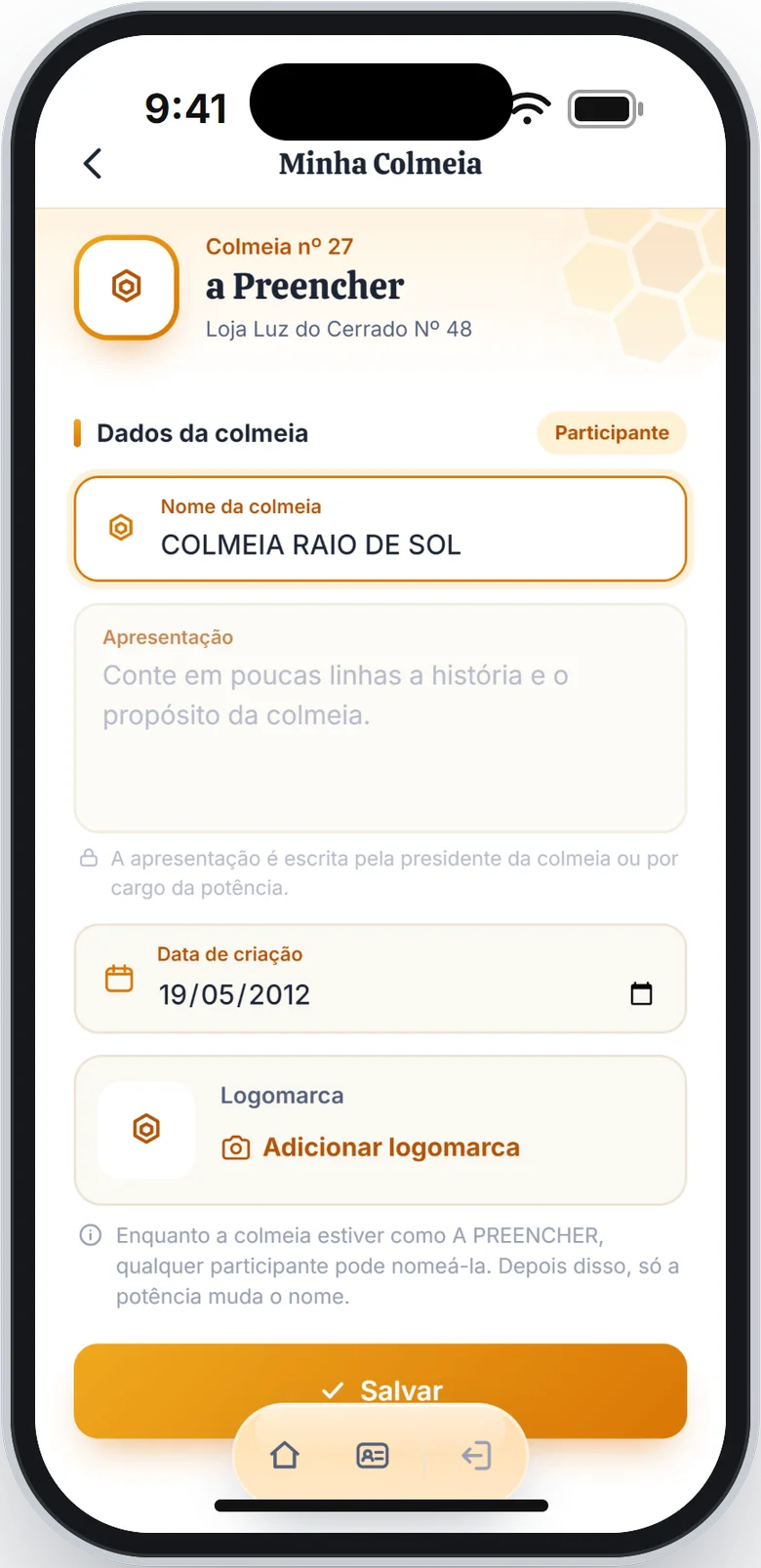Tela Minha Colmeia com o nome e a data de criação preenchidos