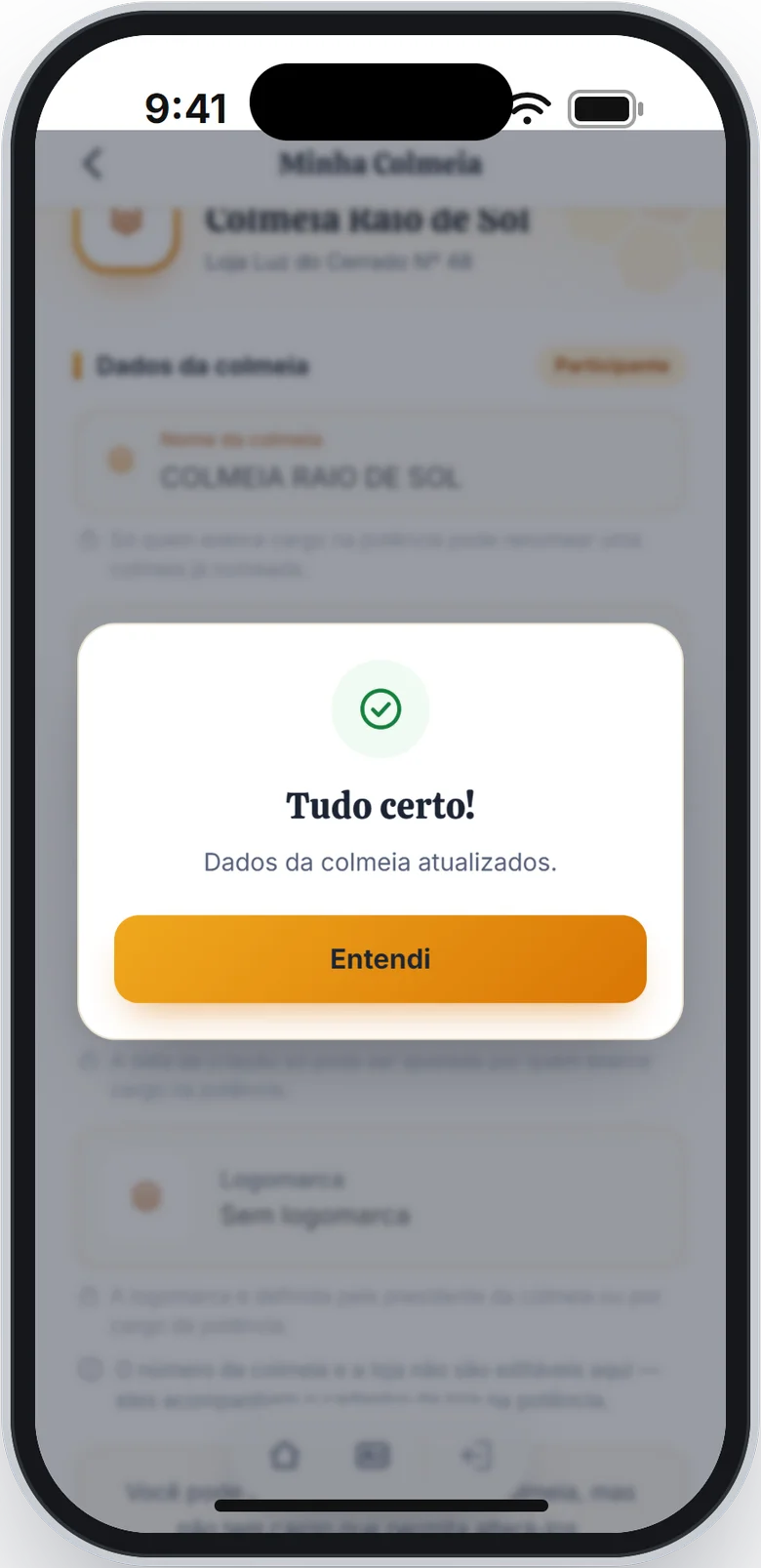 Aviso Tudo certo! com a frase Dados da colmeia atualizados