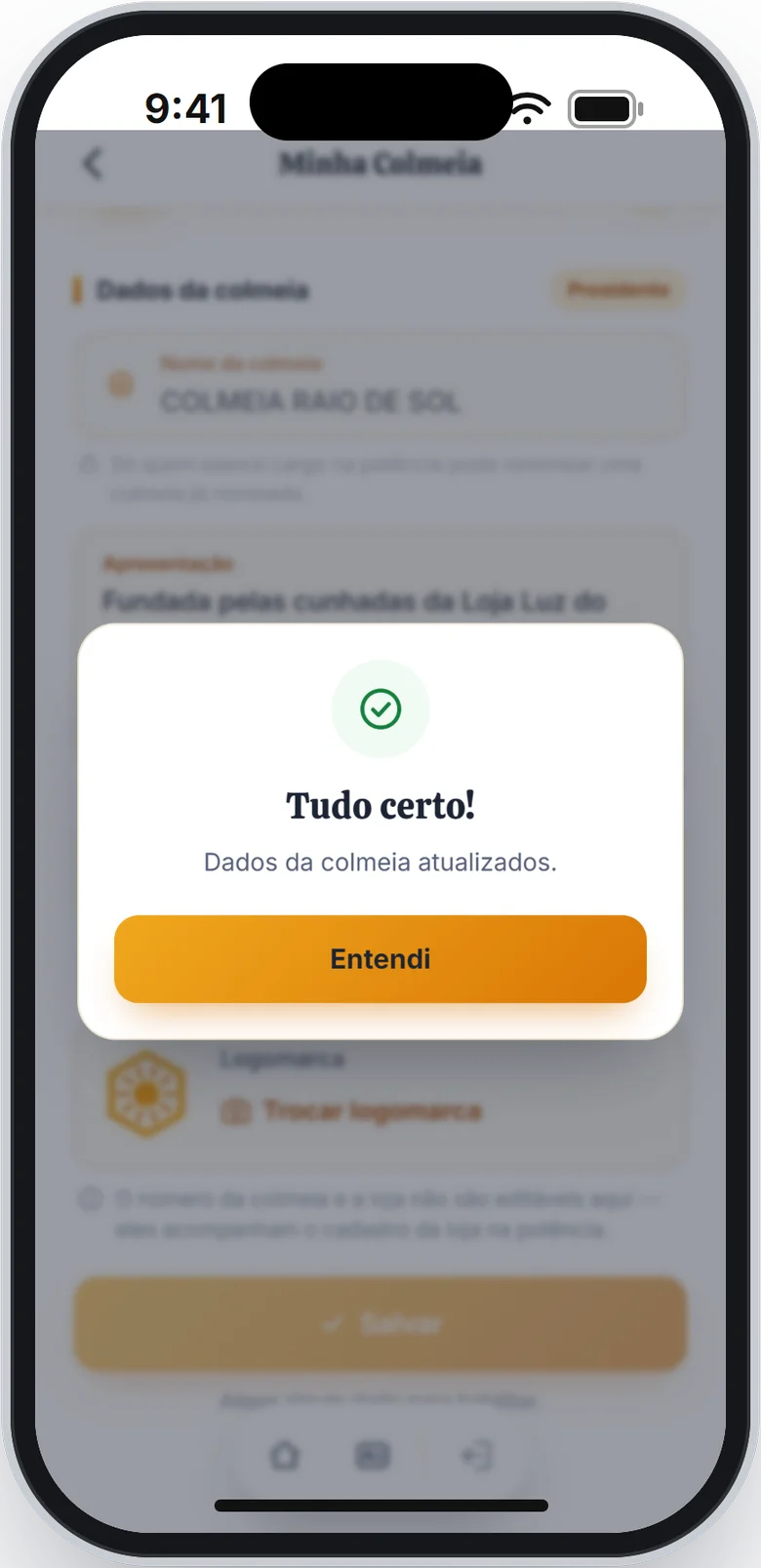Aviso Tudo certo! com a frase Dados da colmeia atualizados