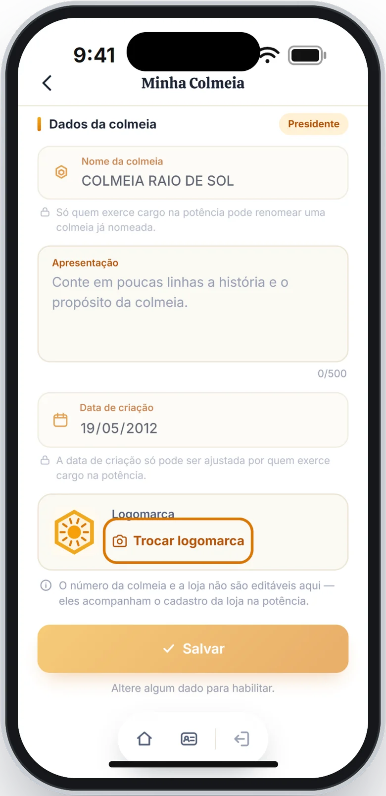 Tela Minha Colmeia com o botão Trocar logomarca em destaque