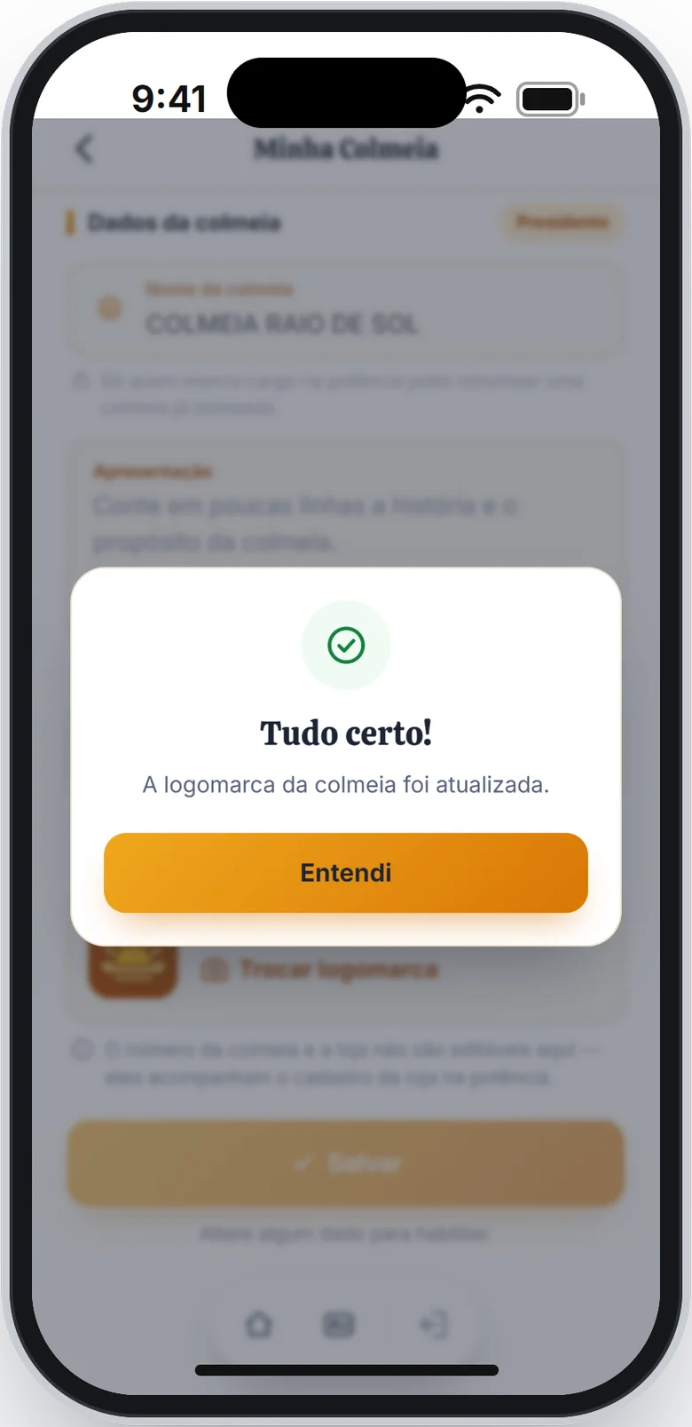Aviso Tudo certo! com a frase A logomarca da colmeia foi atualizada