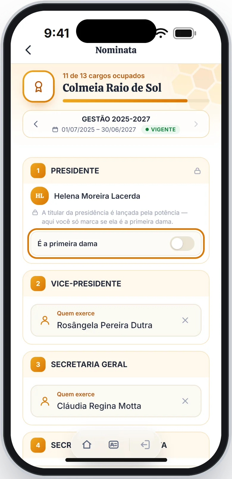 Cargo de presidente com o botão É a primeira dama em destaque