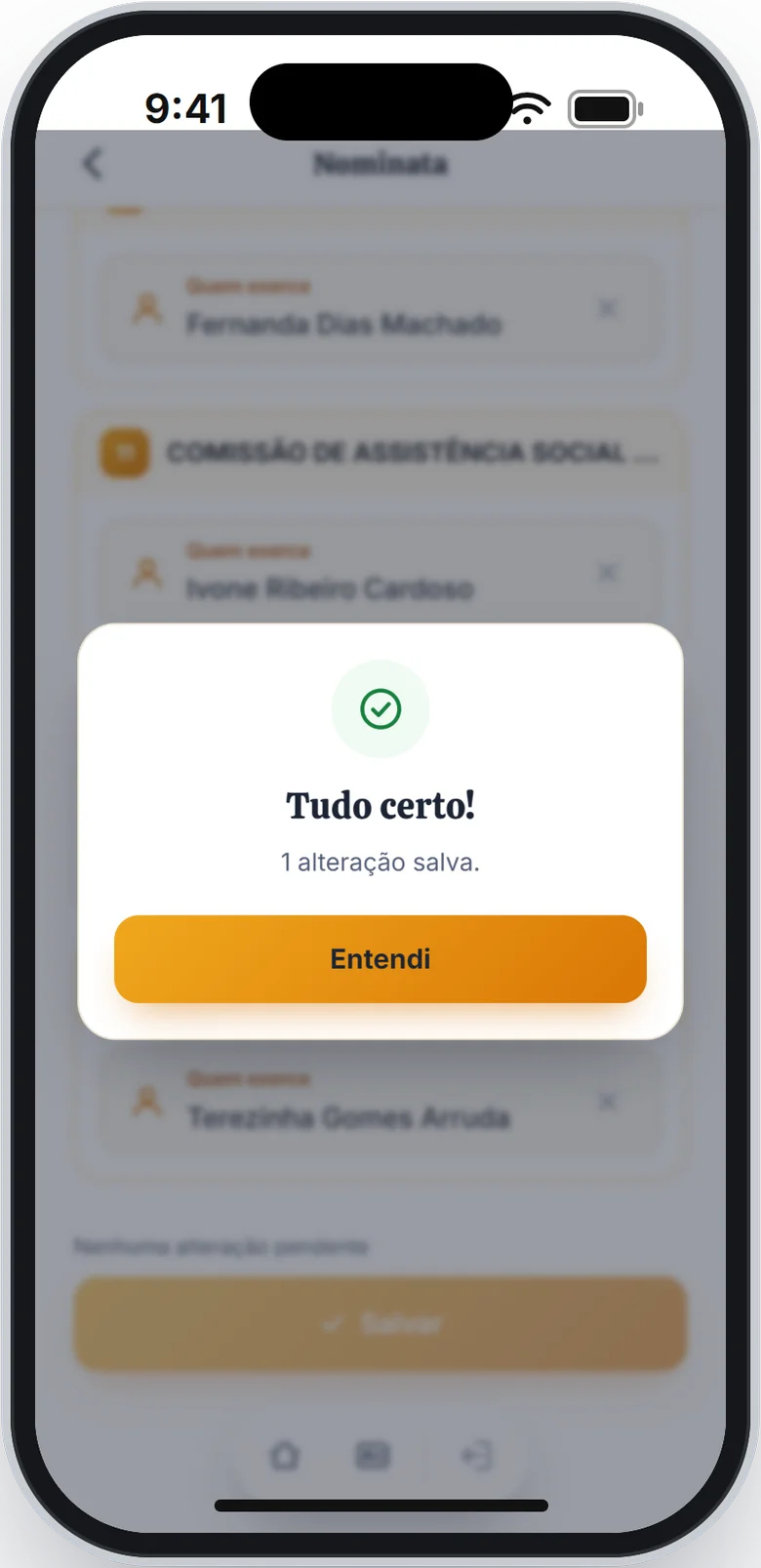 Aviso Tudo certo! com a frase 1 alteração salva